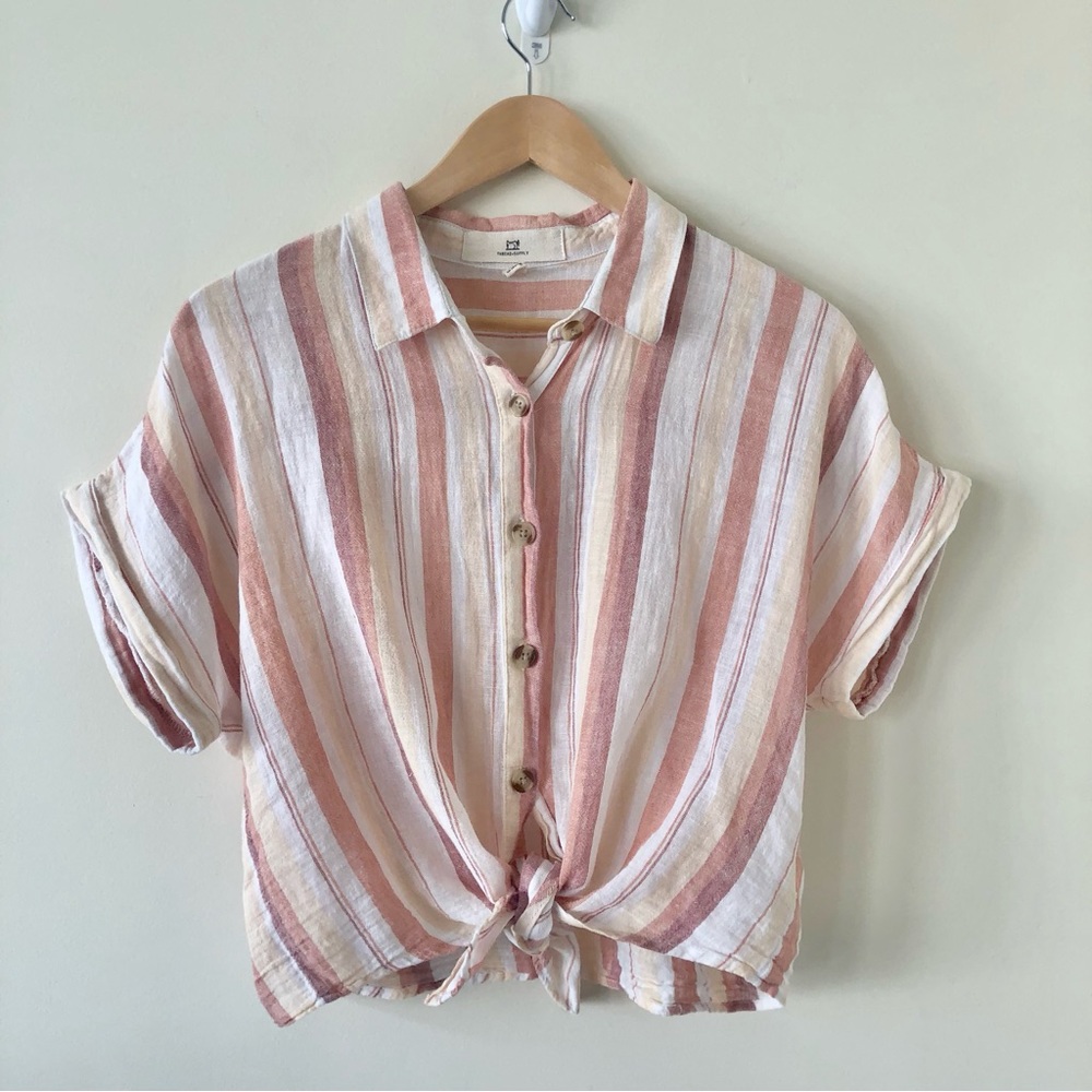 Striped Tie-Front Button Shirt - Pink Cream